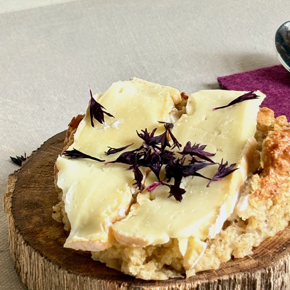 Schwarze Kornblumenblüten auf Käsebrot