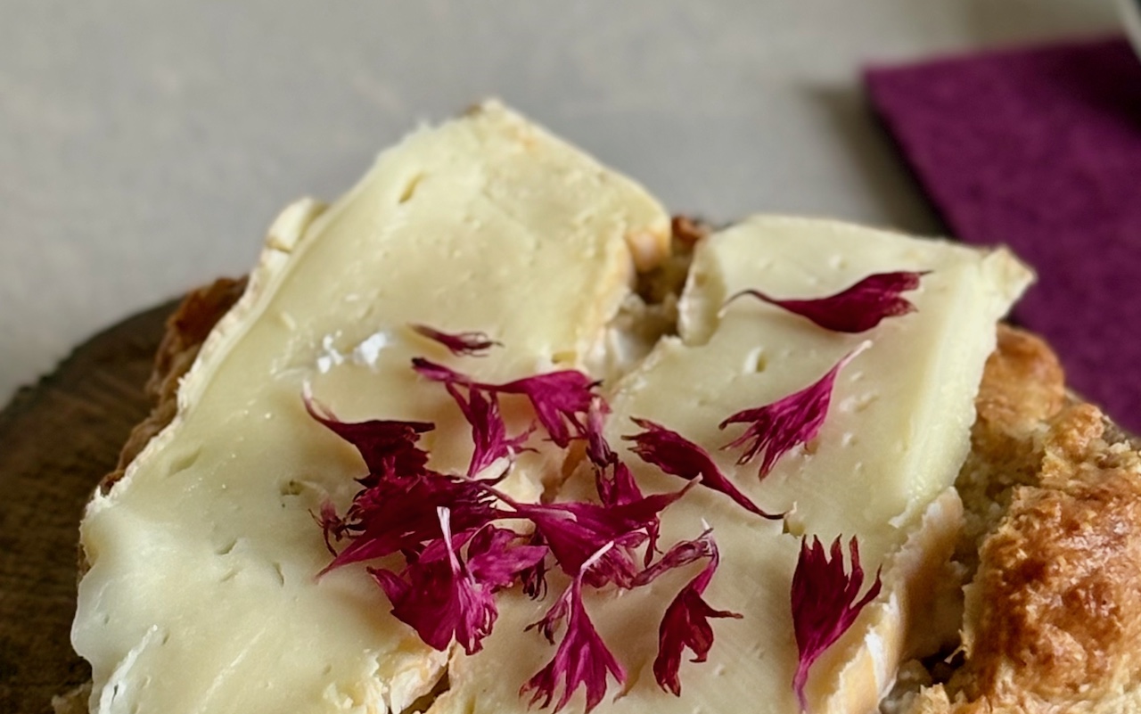 essbare Blüten rote Kornblume auf einem Käsebrötchen